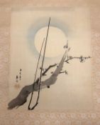 A Japanese School, Calligraphy on silk work depiciting a plum branch with full moon to background,