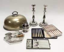A collection of epns to include a meat dish cover: l. x 36cm, a pair of 19thc Sheffield plated