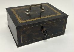 An early 20thc faux- wooden painted metal strongbox with gilt decoration to top and sides, hinged