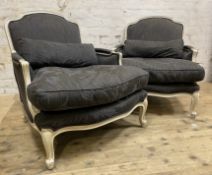 A pair of Laura Ashley Belfort armchairs, in the French-style with white painted frames and damask-