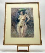 A Contemporary School, A nude female figure wearing a green hat, watercolour and pencil on paper,