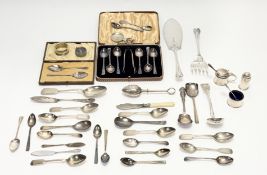 A George V Birmingham silver three piece condiment set comprising drum mustard and salt seller and