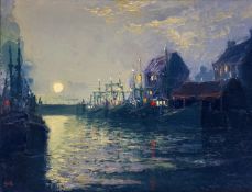 A European 19thc School, A Moonlit Harbour, oil on panel, initialed G R bottom left, in a gilt