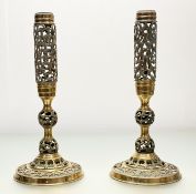 A pair of foliate pierced brass metal bases, raised on circular base. (h-43cm) (2)