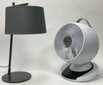A Meaco air circulator fan with carry handle to top (h. 45cm), together with a modern table lamp,