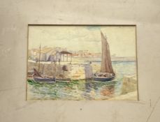 R Lewis Simierland, Harbour scene boats setting sail, watercolour, signed bottom left, unframed