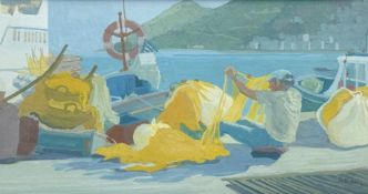 Irene Halliday (Scottish 1931-2023), Net Mender Symi Harbour, gouache on paper, signed bottom right,