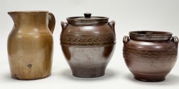 A group of three stonewares comprising, Grosvenor Glasgow 3/4 pitcher, stamp marks to front (h-26cm)