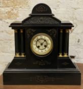 A Victorian slate mantle clock, of architectural form with pediment and columns (a/f lacking glass):