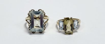 A QVC 9ct gold ring set a rectangular facet cut citrine approximately 3.2ct flanked by a rectangular