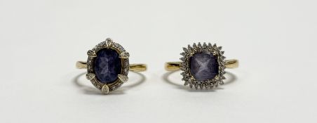 A 9ct gold ring set oval purplish blue stone approximately 2ct within a surround of diamond points R