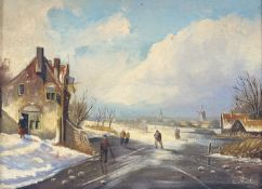 Leo Van Vugt (Dutch School) Wintery Dutch Village scene, oil on board, signed bottom right, in a