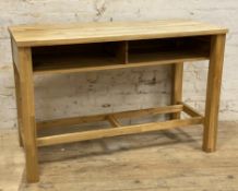 A modern solid oak pantry table, rectangular top over two open shelves, raised on square supports