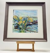 Clare Arbuthnott RSW (Scottish 1974-), Daffodils on the windowsill, mixed media, signed with initals