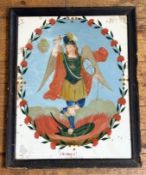 A Early 19thc Verre églomisé reverse painted glass depicting Archangel Saint Michael defeating the