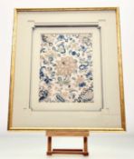 A Chinese silk work needlework panel, prob. late 19thc, worked in polychrome threads with flower and