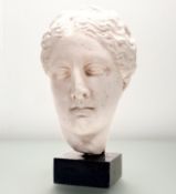 A 20thc School plaster Sculpture of a female head mounted on a stone plinth square base. (h-34cm)