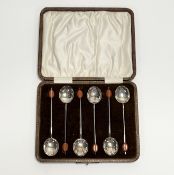 A George V Birmingham silver set of six Art Deco bean handled panel bowl coffee spoons in original