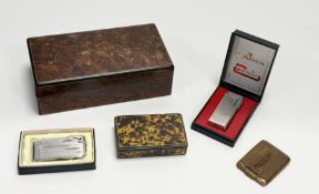 A collection to include a burr walnut veneer and ebony cedar-lined cigarette box: h. x 6cm l. x 18cm