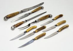 A Victorian silver-mounted pistol handled four-piece horon handled carving set to include two
