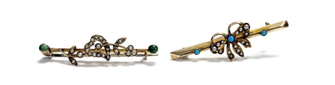 An Edwardian 9ct gold bar brooch set a turquoise and seed pearl butterfly: l. x 4cm 2.3g together