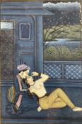 Persian miniature - couple in an embrace, 13cm x 9cm, glazed frame