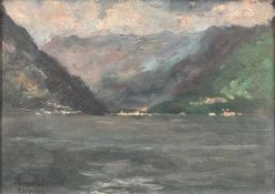 Pietro Adamo Rimoldi (1869-1939) oil on board, lake scene, and a 19th century gilt frame