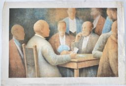 Olivier Raab (b. 1955) print, Men playing cards, signed below in pencil, 50cm x 79cm, unframed