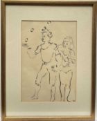 Sonia Lawson (1934-2023) ink on paper, Juggler, signed with initials, 25cm x 17cm, glazed gilt frame