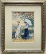 Impressionist style pastel, women with parasols, signed indistinctly, 25cm x 18cm, glazed frame