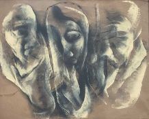 Modern British School, watercolour, Three heads, 25cm x 31.5cm, glazed frame
