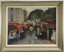 Rachel Anne Le Bas (1923-2020) oil on canvas - A Paris Street Market, Dusk, Mall Galleries, New Engl