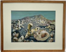 Jean Janin (1898-1970) gouache, surrealist mountainscape, signed, 30cm x 40cm, glazed frame