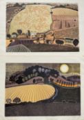 Graham Clarke (b. 1941) two signed linocut prints, 'Big Field' and 'Behind Shoreham', 42cm x 60cm, u