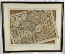 John Speede, antique hand coloured engraved map of Cumberland, 41cm x 53cm in glazed frame