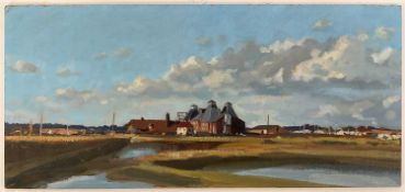 James Hewitt (b. 1934) oil on board, 'Saltcote Mill', 21cm x 45cm, titled to artists label verso, un