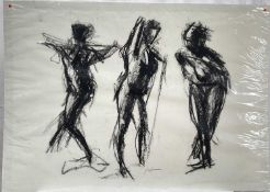 British School, charcoal study, three figures, indistinctly signed, 59cm x 84cm, unframed