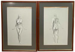 McLaren, 20th Century, Standing nude studies, front and back, pencil heightened with chalk on blue c