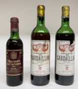 Two bottles, Chateau de Cardaillan Graves 1977, together with a half bottle of Marques de Caceres Ri