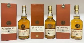 Three bottles, Glenkinchie Scotch Whisky, 10 years old, 43%., 70cl., in original card boxes