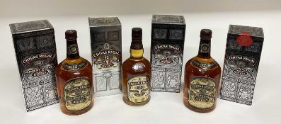 Four bottles, Chivas Regal 12 year old Scotch whisky, 40%., 70cl, 75cl and two 1 litre bottles, each
