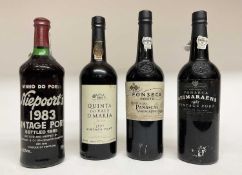 Four bottles of Port: Guimaraens 1982, Quinta do Vale D. Maria 1997, Niepoort's 1983 and Fonseca Qui