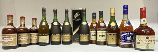Twelve bottles to include: Drambuie, Remy Martin Cognac, Martell Cognac and others