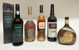 Five bottles, Hine Cognac, Martell V.S. Cognac, Cream Sherry, Burmester White Porto (boxed) and a bo