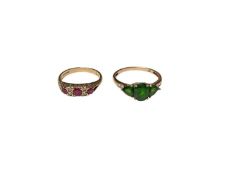 9ct gold Victorian style ruby and diamond ring, size M, together with a 9ct gold green stone dress r