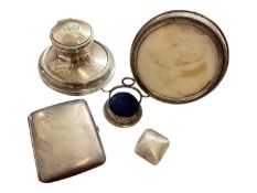 Victorian silver desk inkwell, Edwardian silver cigarette case, silver mounted pin cushion, silver c
