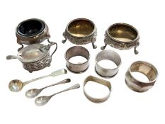 Pair of Victorian silver cauldron salts, one other silver salt, silver condiment pot, four various s