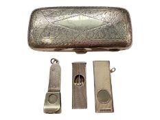 Edwardian silver cigar case with engraved scroll decoration (Birmingham 1904), together with three s