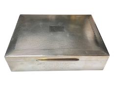 Silver cigarette box with engine turned decoration and two division wood lined interior containing p