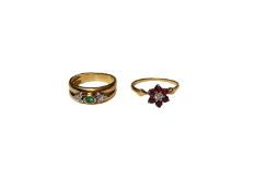 Emerald and diamond ring in yellow metal setting, stamped 750, together with a ruby and diamond clus